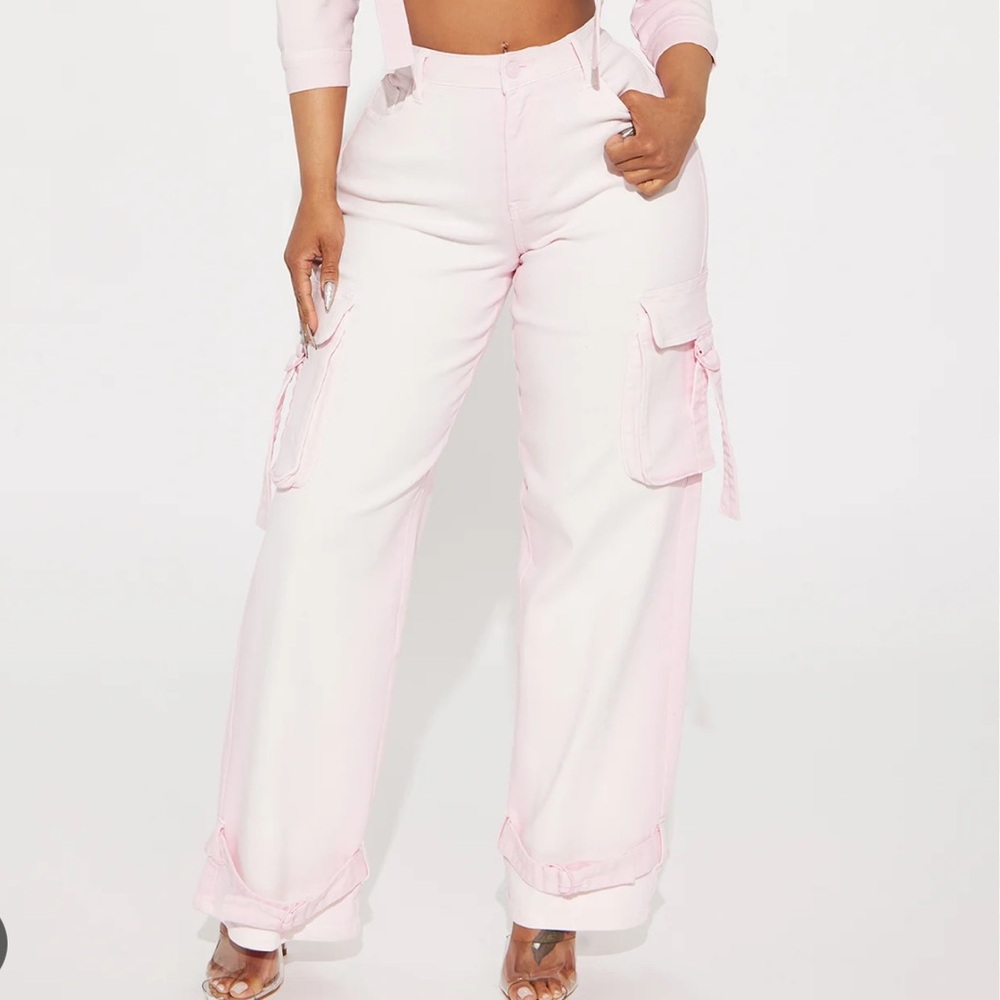 NWT Fashion Nova Love Hurts Ankle Strap Cargo Jeans in Pink 7